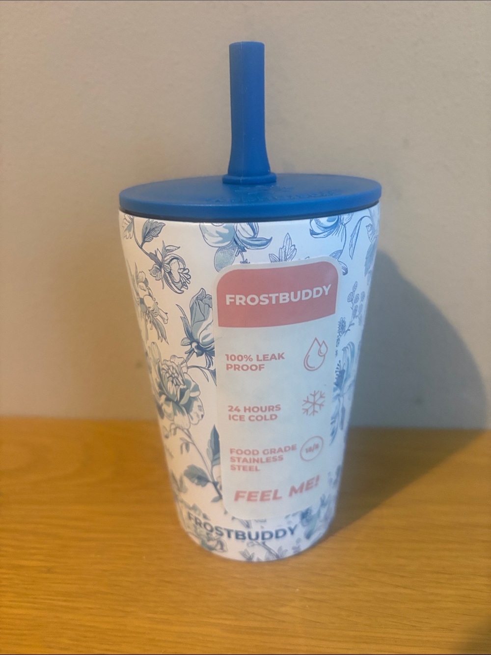 FrostBuddy​ Kids Stainless Steel Blue Floral Tumbler Cup Lid Straw NEW